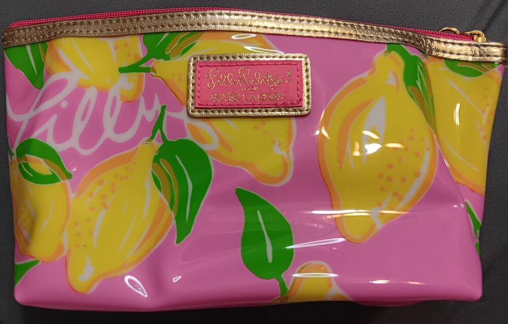 Lilly Pulitzer Estee Lauder Waterproof Makeup Bag Pink w Lemon Print Zip Pouch
